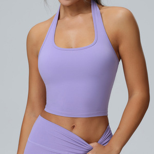 En gros, Brassière de sport pour femme à col licou et décolleté en U, dos nu, avec coussinets amovibles, style crop top et débardeur athlétique, pour le yoga, le Pilates et l'entraînement en salle de sport - Product Image 1
