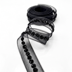 Aplique de encaje de lujo gótico negro con cuentas de cristal y cinta de red transparente vintage para vestidos de noche y accesorios de alta costura - Product Image 1