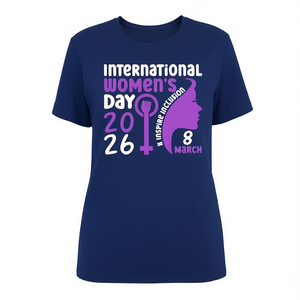 T-shirt per la Giornata Internazionale della Donna 2026 da donna, stampa viola, casual, girocollo, manica corta, 100% cotone jersey, vestibilità aderente - Product Image 1