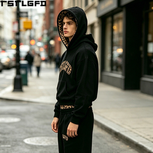 Ensemble de survêtement imprimé léopard OEM/ODM, double ceinture, coupe oversize, sweat à capuche et pantalon de jogging épais, vente en gros - Product Image 4