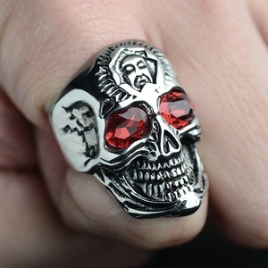 Acero inoxidable hombres gótico CZ rubí rojo circón ojos cráneo dedo anillo fantasma joyería - Product Image 1
