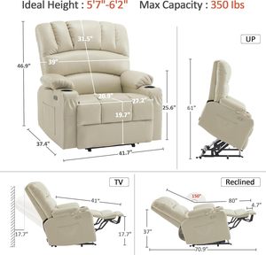 Sillón Reclinable Eléctrico Extra Grande Color Crema con Masaje Térmico, Puertos USB y Tipo C, Portavasos Grandes, Cuero Sintético R7092 - Product Image 2