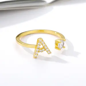 High End 18 Karat vergoldet Messing Zirkon 26 Buchstaben Kapital A-Z Anfangs buchstaben Ring benutzer definierte anfängliche offene verstellbare Ringe