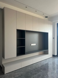 Meuble TV mural <span class=keywords><strong>avec</strong></span> rangement, moderne, blanc, tiroirs intégrés et étagères ouvertes pour salon, sur mesure - Product Image 2