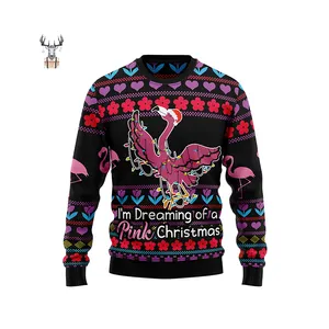 Nanteng Custom Knitwear Manufacturers Polyester Trendy Flamingo Heart Flower Pattern Ugly Men Pullover Christmas Sweater