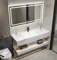 Meuble-lavabo mural de salle de bain en pierre, style européen moderne de luxe, avec miroir LED, durable et résistant à l'eau, garantie 5 ans