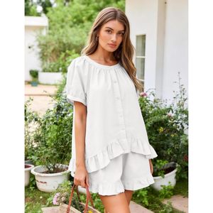Womens Pajamas <b>Set</b> <b>2</b> <b>Piece</b> Cotton Ruffle Top Shorts Sleepwear Summer Outfits Soft Loungewear - Product Image 4