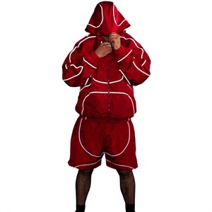 Ensemble de survêtement unisexe rouge à capuche avec fermeture éclair intégrale, poches latérales, décontracté, pour l'été, respirant, léger, coupe ample, couleur unie - Product Image 1