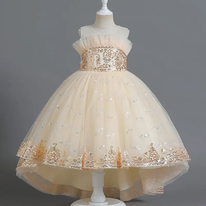 Blumen mädchen Prinzessin Pailletten Baby Hochzeit Weihnachts feier Schlepp kleid Flauschige Spitze Bestickt Host Performance Kostüm 3-15Y