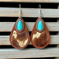 Pendientes de Cuero Estilo Western, Clásicos con Diseño de Leopardo, Cuero Vacuno, Turquesa y Madera, Pendientes Vintage para Mujer, Joyería de Moda