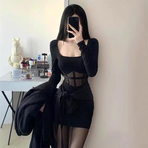 Mesh Bodycon Dress For Women Black Stretch Sheer Solid Color Autumn Winter Wear - Product Image 1