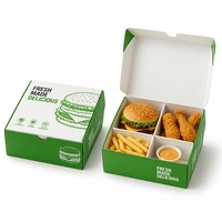 Pochettes personnalisées écologiques et biodégradables pour combo repas rapide (burger, poulet frit, frites) avec revêtement UV évanescent