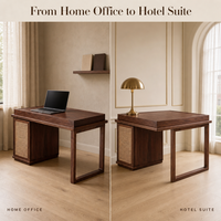 Bureau d'écriture en noyer noir d'Amérique du Nord avec armoire en rotin, table d'étude moderne, pieds rectangulaires en boucle pour la maison, le bureau ou l'hôtel