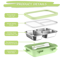 Boîte à lunch scellée en acier inoxydable multi-clips 2026 pour enfants, 850 ml, mignonne, en acier 304, boîte de rangement bento à 3 compartiments, sans BPA, compatible lave-vaisselle