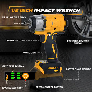 Clé à chocs sans fil industrielle 20V, 450 lb-pouces (430 Nm), sans balais, 1/2 pouce (sans batterie), 3600 tr/min, couple élevé, 800W - Product Image 3