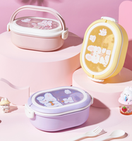 Boîte à lunch ovale à 2 niveaux avec couvercle transparent, thème lapin Kawaii, mignonne, pour enfants, avec fourchette et cuillère, fermeture à clip