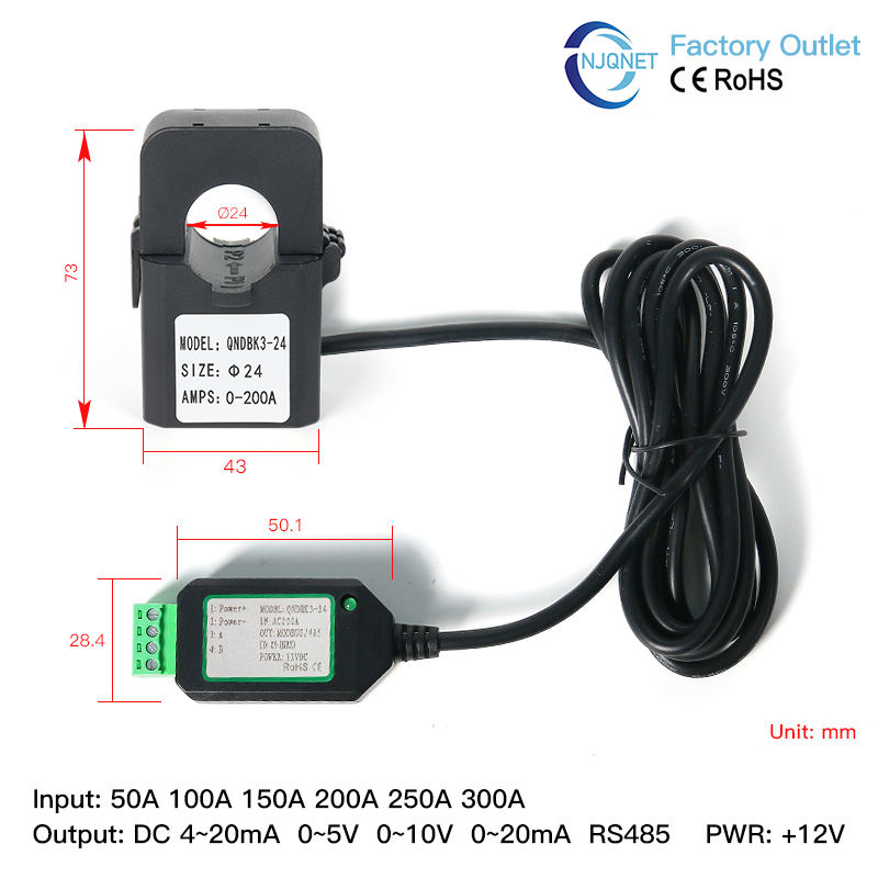 Split Core Current Transforemr Modbus QNDBK3-10 Ac 5A 10A 20A 50A 100A RS485 Dc Clamp Ct Transmitter Current Sensor Transducer