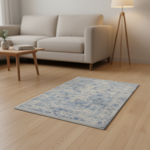 Alfombra de Pelo Corto Azul Crema 4x6 con Patrón de Medallón, Base de Goma, Plegable, Antideslizante, para Sala de Estar, Dormitorio, Comedor - Product Image 2