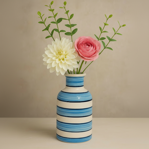 Esta botella de cerámica de rayas azules náuticas ofrece un encanto costero alegre y pintado a mano. Disponible a precios mayoristas. - Product Image 1