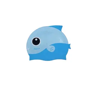 Fábrica Atacado Waterproof Kids Sized Logo Fish Shaped Swim Caps Impressão Silicone Para Crianças Tampão De Natação