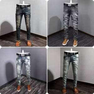 Pantalon en jean déchiré personnalisé pour homme, imprimé, style streetwear, décontracté, long, en coton, avec ceinture, style hip-hop rétro - Product Image 6