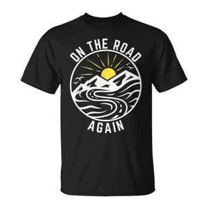 Camiseta On The Road Again, diseño de montaña, viajes de aventura, color negro, unisex, talla para adultos - Product Image 1