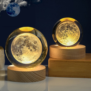 Sfera di Cristallo Incisa 3D con <span class=keywords><strong>Base</strong></span> in Legno, Cielo Stellato Galattico Luminoso, Sistema Solare, Ornamento da Tavolo, Luce Notturna - Product Image 4