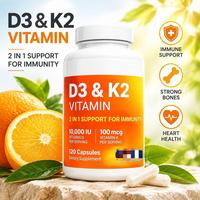 Capsules de Vitamine D3 K2 pour Adultes, Flacon de 120 Comprimés, 10000 UI Vitamine D, 100 µg Vitamine K2, Complément Alimentaire pour le Soutien Osseux, Vente en Gros OEM