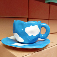 Trianglelyi-tasse à main irrégulière, tasse et soucoupe en métal coloré, bleu ciel et blanc