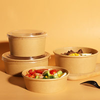 Boîte d'emballage pour la restauration rapide à emporter avec logo personnalisé, conteneur jetable biodégradable, bol en papier kraft pour salade, soupe chaude avec couvercle