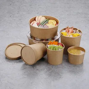 Tazza di zuppa personalizzata in carta kraft con coperchio usa e getta da portare via dessert insalata di riso noodle contenitore scatola di imballaggio alimentare in vendita