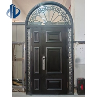 Puerta de Entrada Pivotante de Vidrio Texturizado Arqueado Estilo Francés Clásico, Puerta de Seguridad de Aluminio Negro Mate con Luz Lateral Dividida, Puerta de Entrada Residencial
