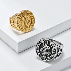 St. Benedict Medal Titanium Steel <b>Ring</b> Men's Cross Shape Religious Amulet Gift Jewelry - Product Image 1