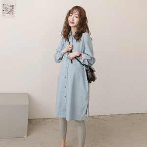 Nueva ropa de primavera para mujeres embarazadas, Camisa <span class=keywords><strong>vaquera</strong></span> holgada de estilo coreano para mujeres embarazadas, <span class=keywords><strong>falda</strong></span> de talla grande, camisa de manga larga - Product Image 5