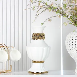 Jarrones de cerámica V162 para decoración del hogar, florero dorado, jarrón de mesa con relieve de lujo de 14 pulgadas
