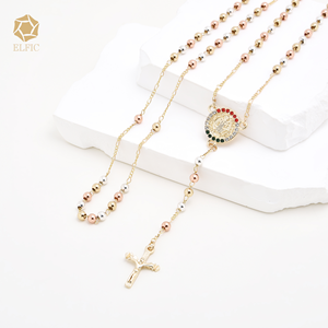 Elfico religioso gesù croce Catholic gioielli <span class=keywords><strong>rosario</strong></span> 14K <span class=keywords><strong>oro</strong></span> collana tricolore perline catena perlina accessori - Product Image 4