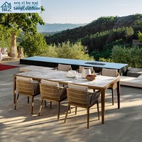 Table et chaises de salle à manger mobiles haut de gamme en teck et ardoise, anti-corrosion, style nordique, pour extérieur, salon, cour, terrasse, hôtel, jardin, villa