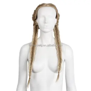 ST广州工厂廉价假发批发金色长辫子纤维假发时尚女性合成假发人体模型头