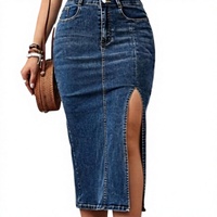 Jupes midi en jean pour femmes, longues, en denim, avec fente latérale à la cuisse, poches, taille haute extensible, coupe crayon, bleu foncé, taille XL, lavage en machine, importées
