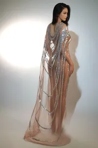 Costume de drag queen <span class=keywords><strong>sexy</strong></span> pour pole dance latine, avec paillettes, maille transparente, longueur au sol, pour fête d'anniversaire, en mousseline naturelle - Product Image 3