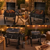 Barbecue fumoir pliant moderne en acier noir émaillé, avec chariot d'extérieur et plateau à charbon réglable pour cendres