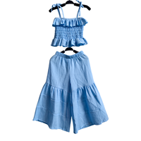 Ensemble de vêtements pour filles, deux pièces, ensemble de vêtements pour enfants, ensemble en crêpe Jenner pour filles, costume d'été, vêtements avec bretelles et pantalon évasé