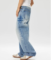 Pantalon long en denim bleu clair délavé, coupe droite, taille mi-haute, coupe en A, résistant, anti-poils de chat, poids moyen américain 14 oz, coupe ample
