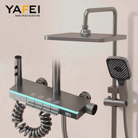 Système de douche pour baignoire en laiton massif moderne et intelligent, ensemble complet de haute qualité, robinets de douche à effet pluie, panneau gris en verre, contemporain et poli