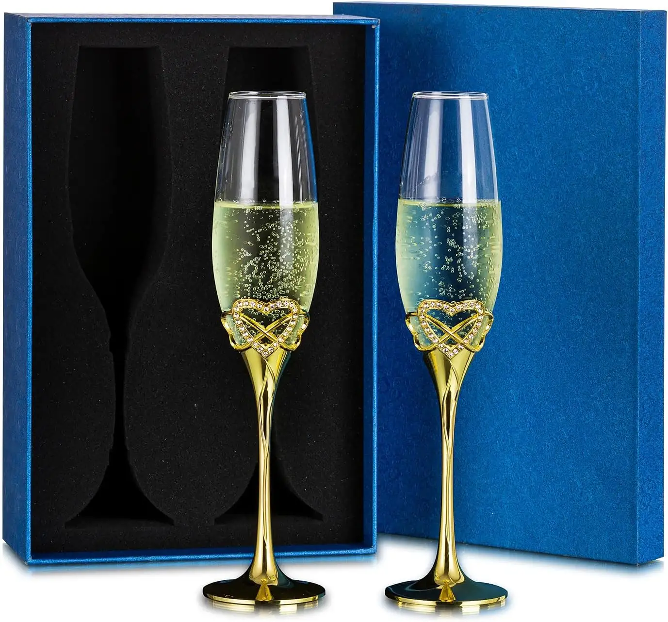 Boda Despedidas de soltera Aniversarios Fiesta Juego de 2 Flauta de champán de cristal dorado con caja de regalo