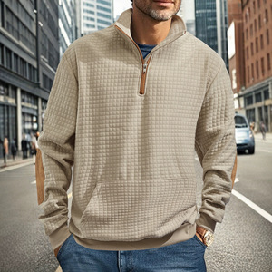Sweat-shirt à col montant et demi-zip en tissu gaufré à carreaux pour homme, coupe ample, à manches longues, idéal pour l'automne et l'hiver - Product Image 4