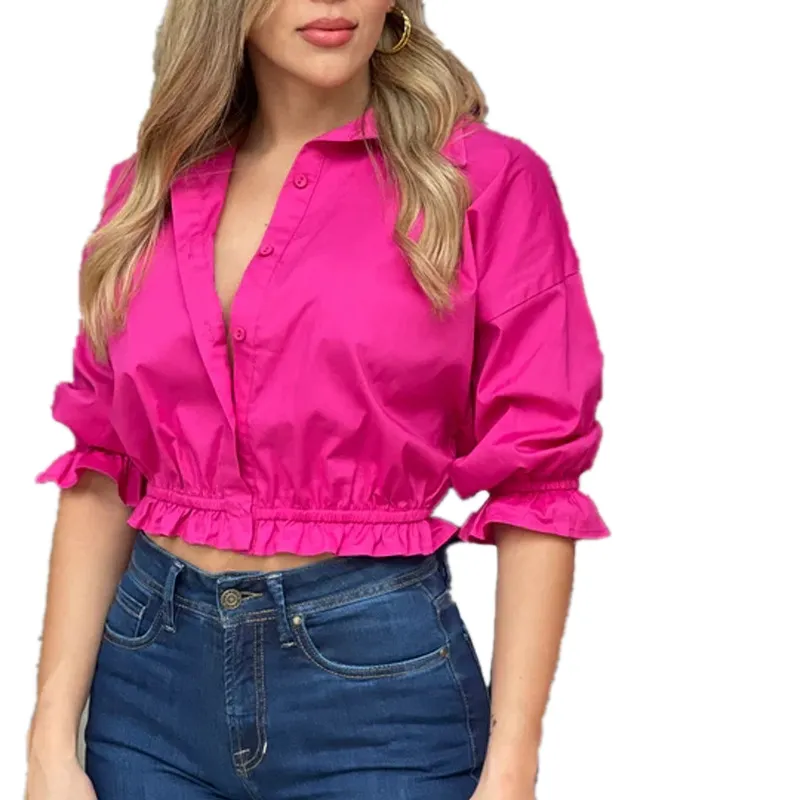 Popular shirts for women sexy top solid color Lace up waist short puff sleeve shirts for women sexy