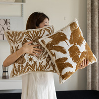 Housse de coussin jacquard motif feuille de palmier tropical - Taie d'oreiller en tissu chenille avec passepoil - Housse décorative moderne pour canapé et hôtel