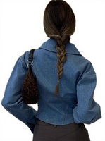 Nouvelle veste courte en jean imperméable pour femme, style rétro de Hong Kong, avec boutons, coupe ample et revers, 100 % polyester