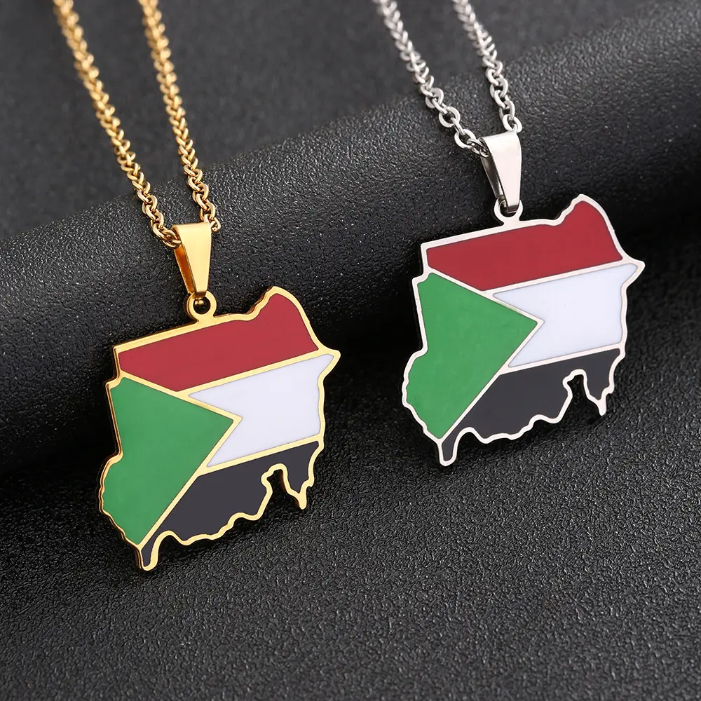 République du Soudan carte drapeau pendentif collier en acier inoxydable pour femmes hommes or argent couleur charme mode bijoux cadeaux